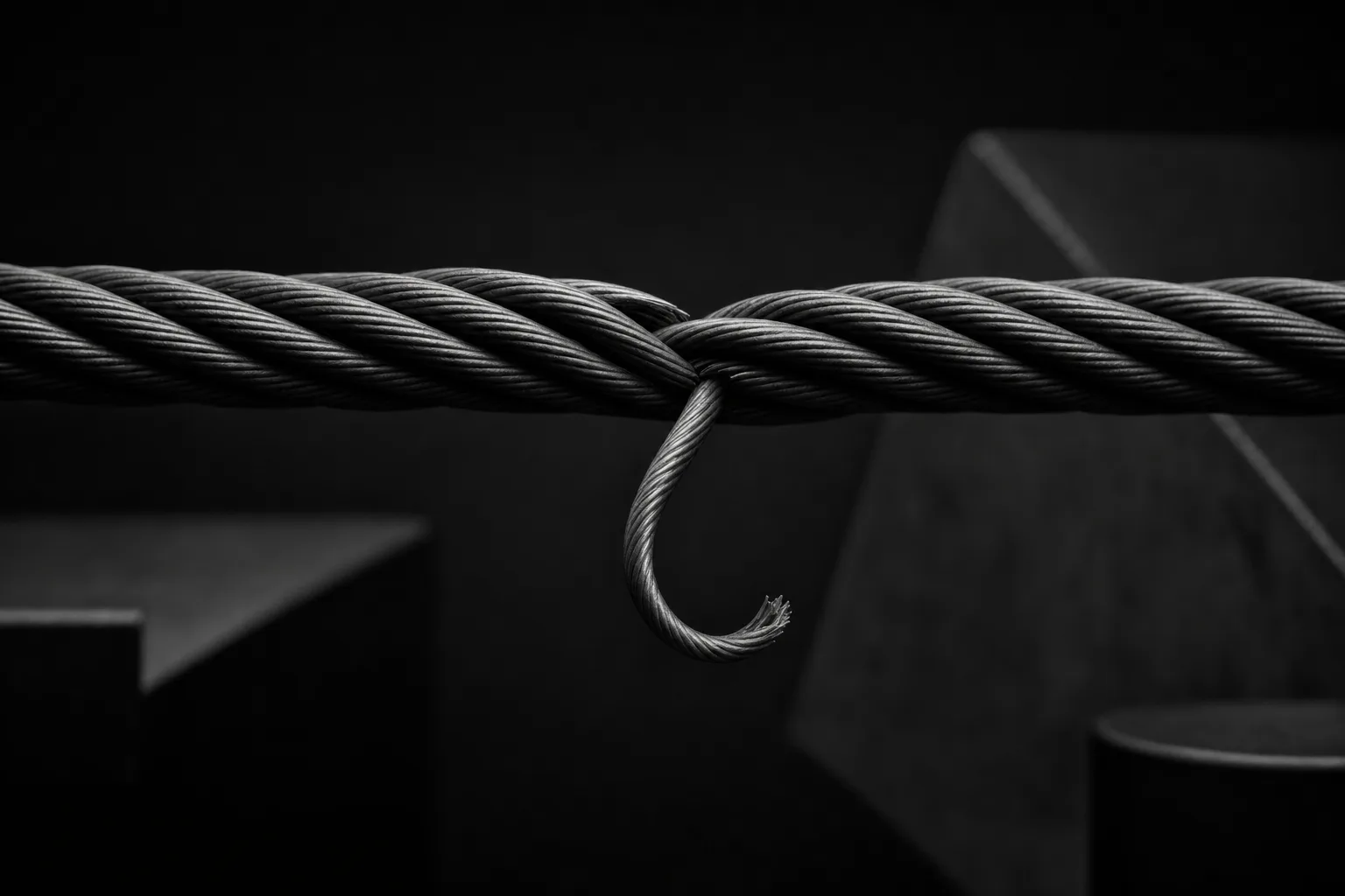 Render 3D escuro de um cabo de aço trançado sob tensão, com um fio partido pendurado no centro e a ponta desfiada.