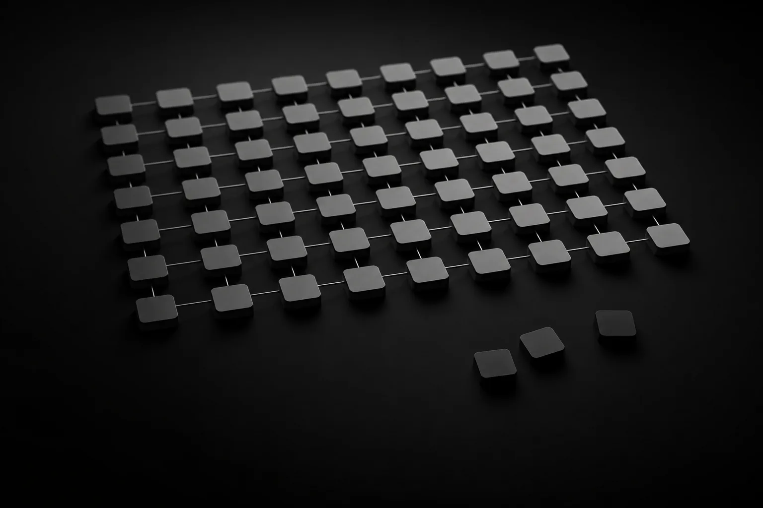 Render 3D escuro de uma grade de peças ligadas por linhas finas, com três peças apagadas soltas fora da grade.