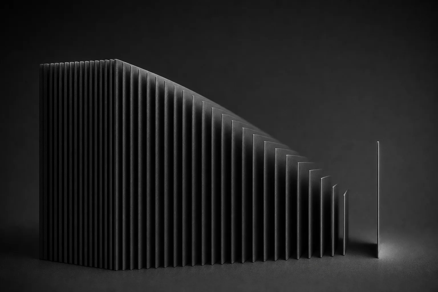 Render 3D escuro de centenas de placas finas empilhadas que descem em escada até uma única placa fina iluminada.