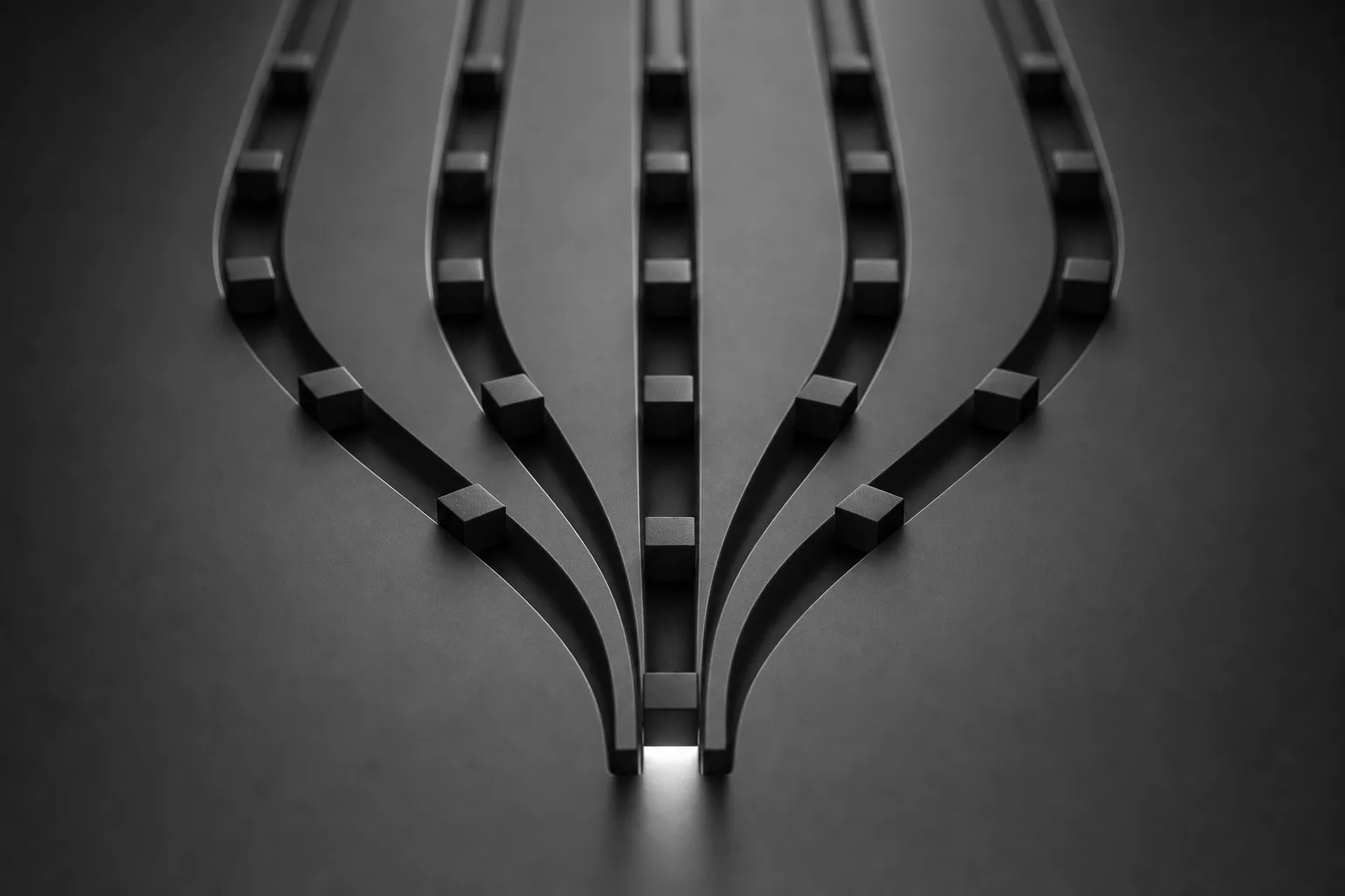 Render 3D escuro de cinco trilhos paralelos com blocos idênticos, curvando-se até um único ponto de saída iluminado.
